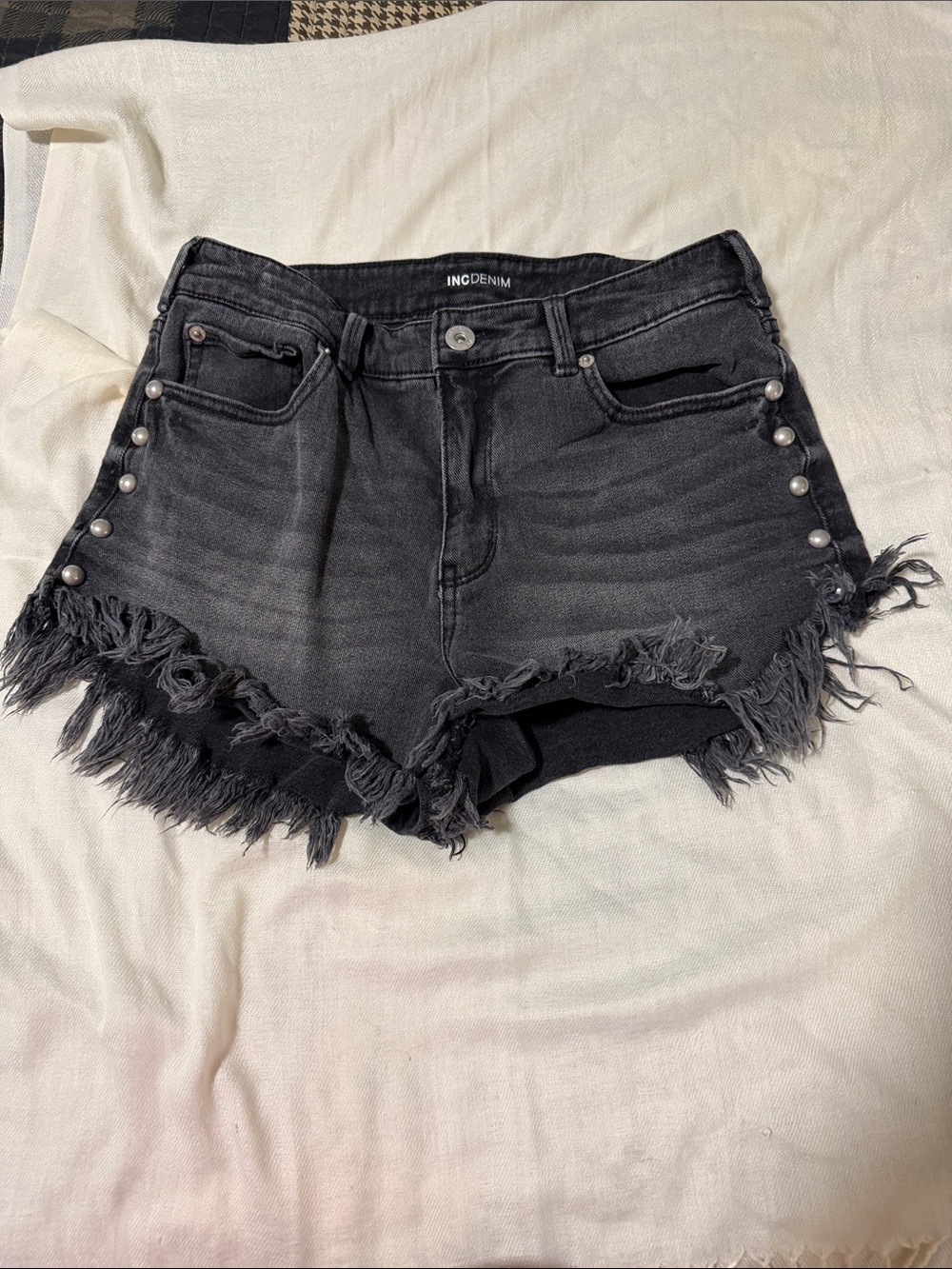 INC Denim Black Frayed Hem Studded Jean Shorts